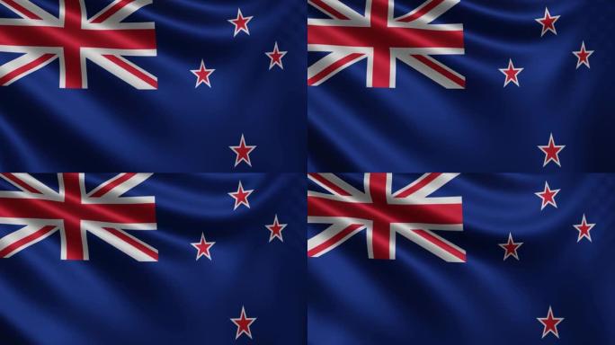 新西兰国旗在风中特写，新西兰国旗在3d中飘扬，4k分辨率