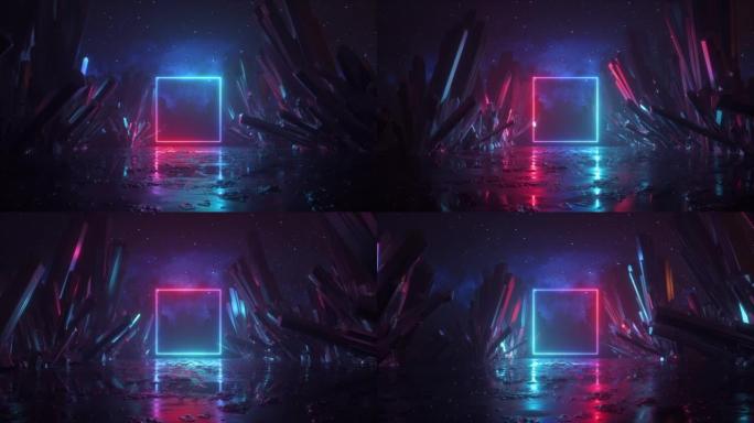 循环3d动画，在梦幻般的夜景中向前飞行，水晶岩石和流星，紫外线背景与霓虹灯方形框架