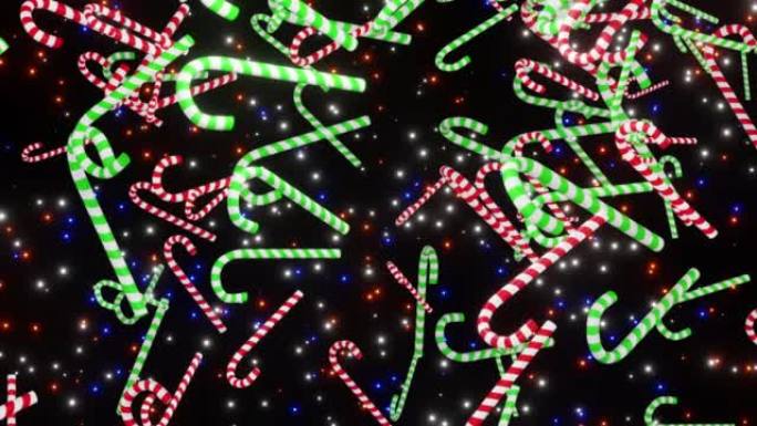 坠落黎明糖果手杖孤立在空间背景3d渲染。绿色和红色的甘蔗滴。节日概念与糖果棒糖果圣诞节或圣尼古拉斯日