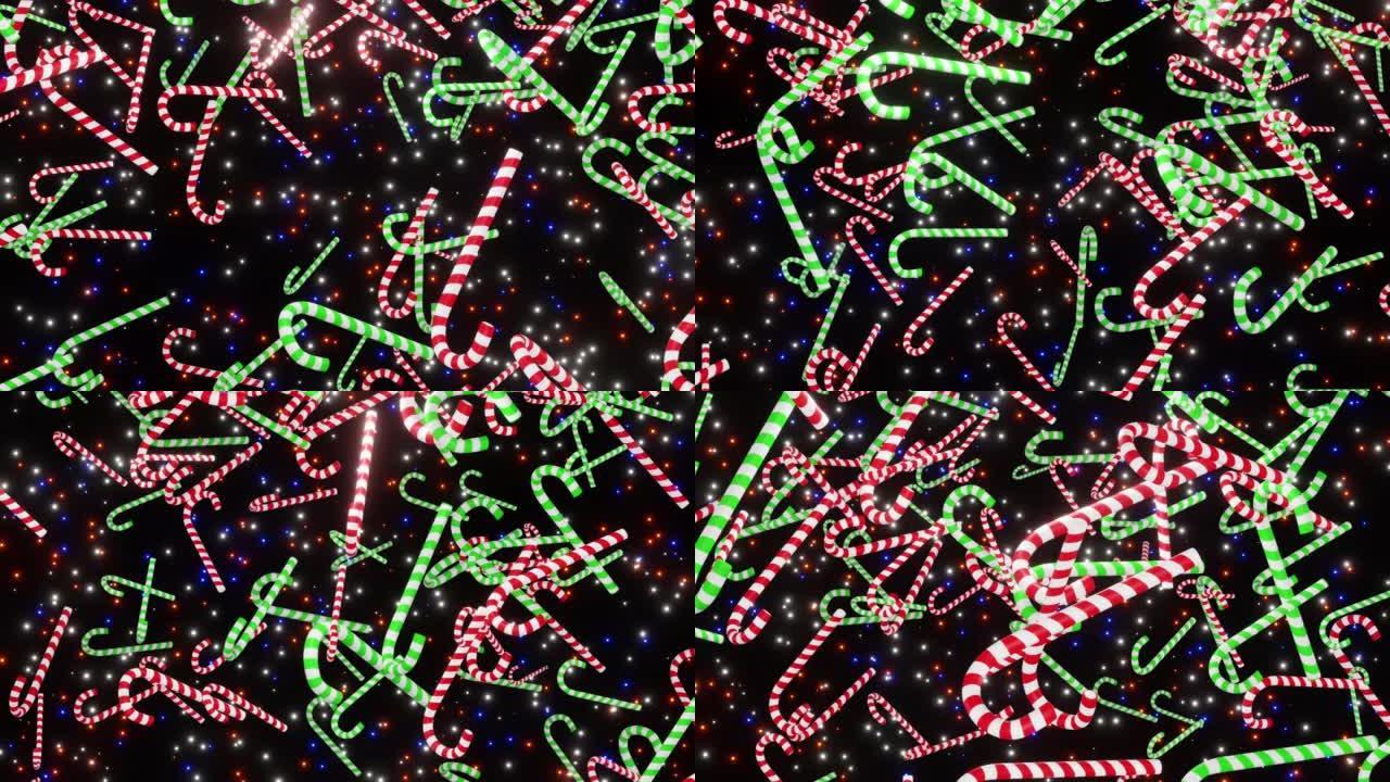 坠落黎明糖果手杖孤立在空间背景3d渲染。绿色和红色的甘蔗滴。节日概念与糖果棒糖果圣诞节或圣尼古拉斯日