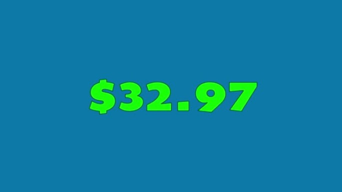 价格计数器动画-结帐运动图形股票视频-它到0美元到100美元-孤立的绿色和蓝色屏幕背景