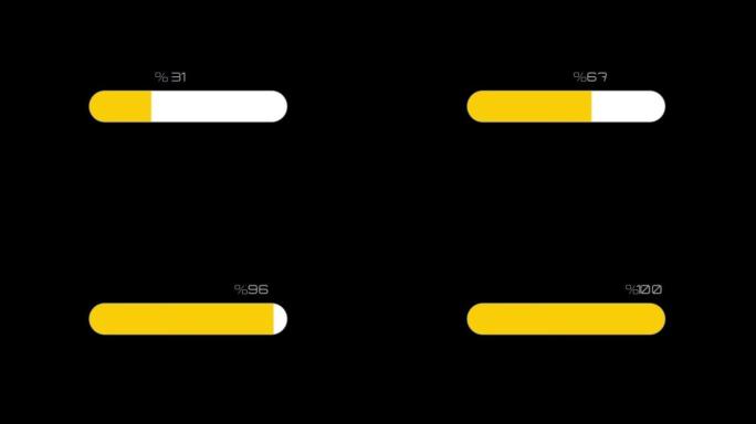 加载缓冲区进度条。黑色背景上的白色黄色下载界面。负载状态指示器从0到100% 百分比。动态图形视频动