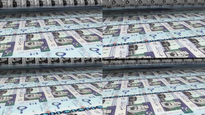 沙特阿拉伯，沙特里亚尔印刷机打印出当前500里亚尔钞票，无缝循环，沙特沙特阿拉伯货币背景，4K，聚焦