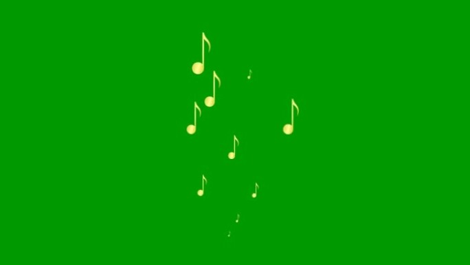 动画金色音符从下到上飞来飞去。一波飞扬的音符。音乐、歌曲、旋律的概念。矢量插图孤立在绿色背景上。