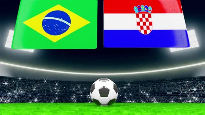 巴西和克罗地亚的国旗从顶部打开。足球或足球在泛光灯体育场的绿色场地上，到处都是闪烁的摄像机。