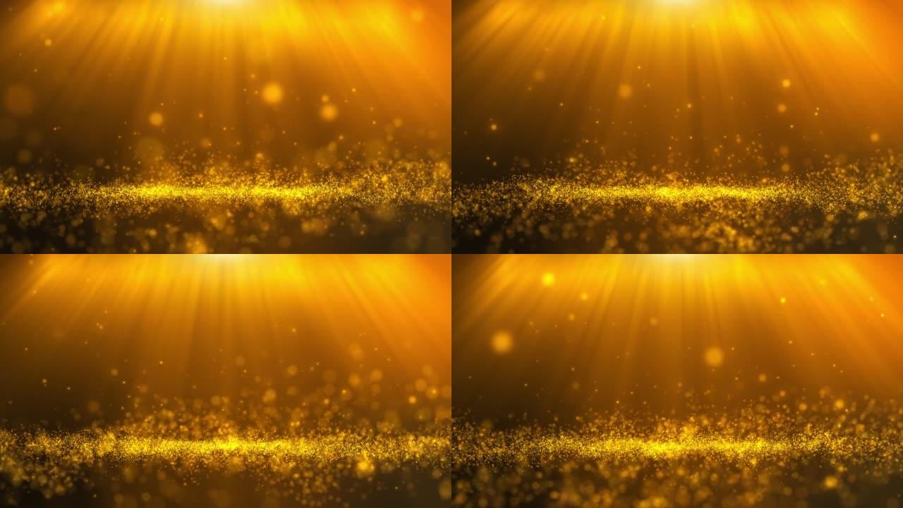 无缝循环，闪光的黄金颗粒舞台和灯光闪耀抽象背景。具有散景效应的闪烁粒子。