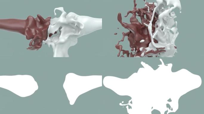 巧克力和牛奶飞溅在慢动作，阿尔法伴侣，3D动画中碰撞