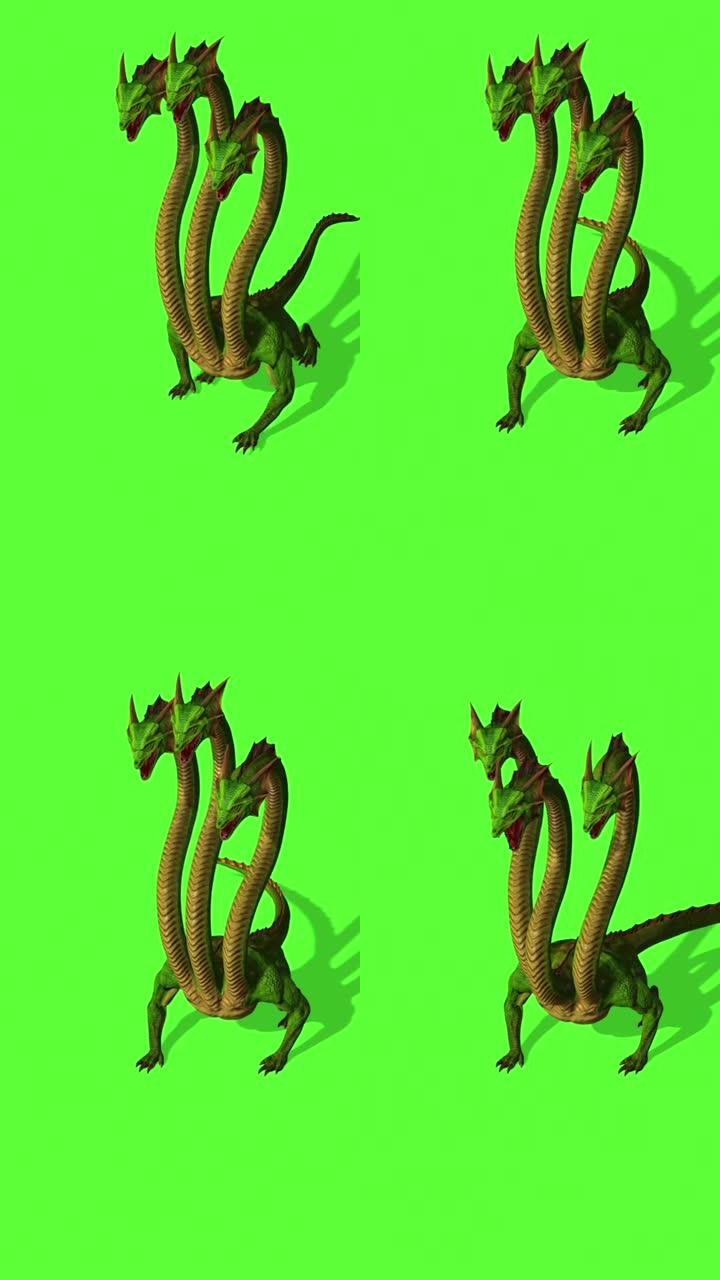 垂直视频-绿屏背景上的九头蛇神秘水蛇咆哮