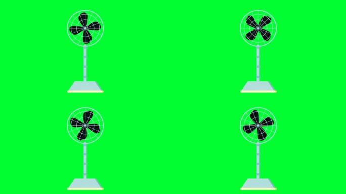 桌子风扇和站立风扇绿屏动画，炎热的夏天的2d卡通基座风扇动画。