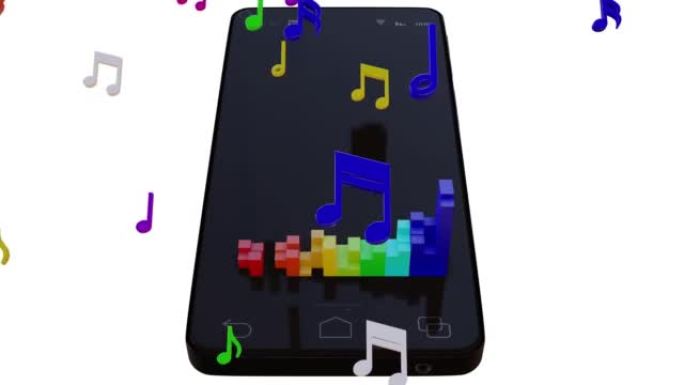 彩色音符和均衡器在智能手机上移动。无缝循环3D动画视频
