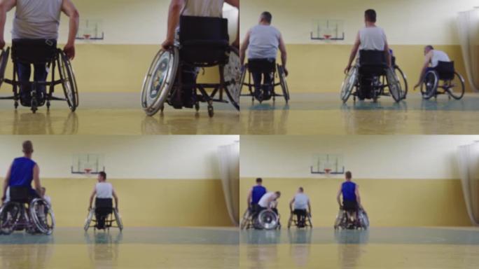 在学校体育馆里，坐在轮椅上玩篮球队比赛的残障运动者的特写镜头。选择性聚焦。