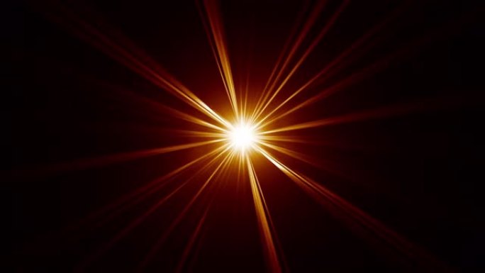 黑色抽象背景上的4k循环中心金色橙色红色光学耀斑光线。照明灯光线效果动态明亮的视频素材。金辉星光学耀
