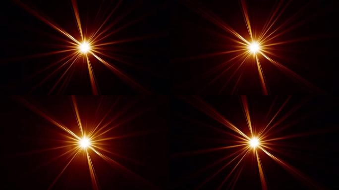 黑色抽象背景上的4k循环中心金色橙色红色光学耀斑光线。照明灯光线效果动态明亮的视频素材。金辉星光学耀