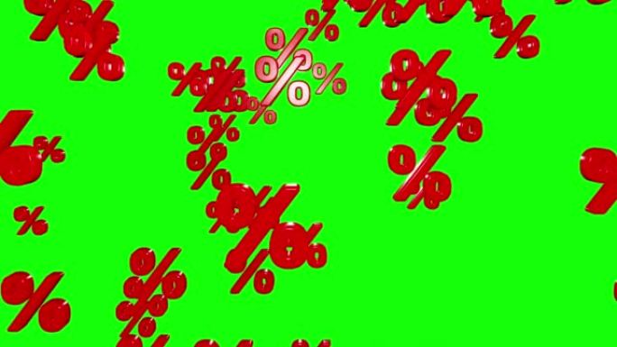 红色百分比符号落在绿色背景上，循环3d渲染。折扣，销售，季节性促销，黑色星期五，光棍节和购物1111