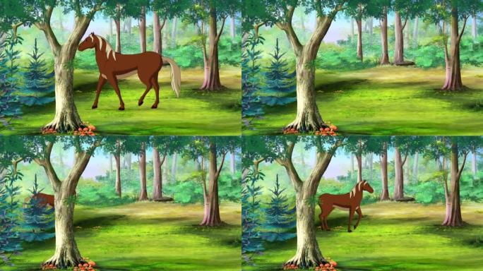 棕色马在森林中行走