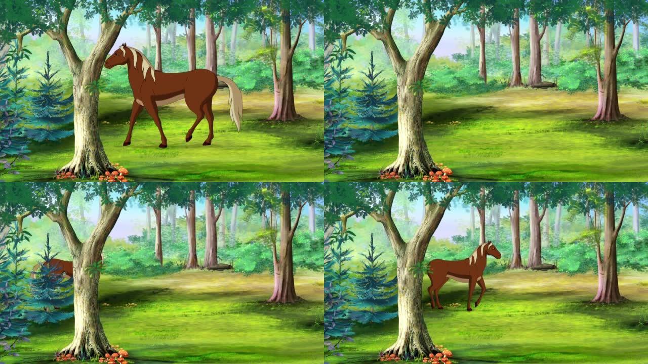 棕色马在森林中行走