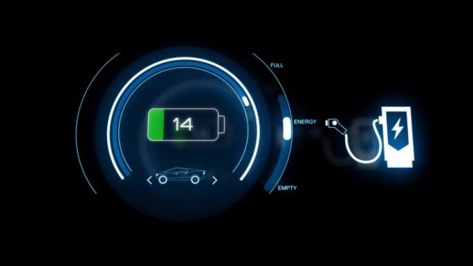 电动汽车电池指示器显示电池电量增加。汽车工业中的概念绿色能源。电动汽车在充电站充电。绿色能源和生态动