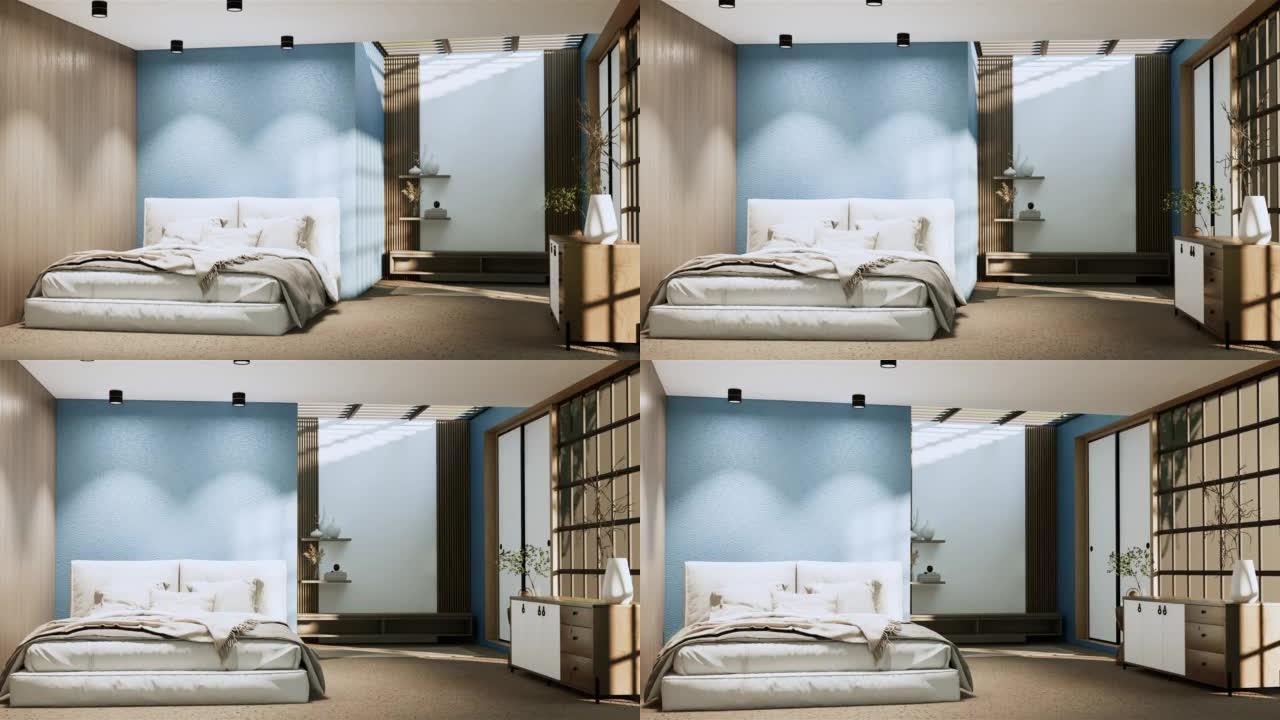 日本蓝色卧室的Wabi sabi床和装饰植物。3D渲染。
