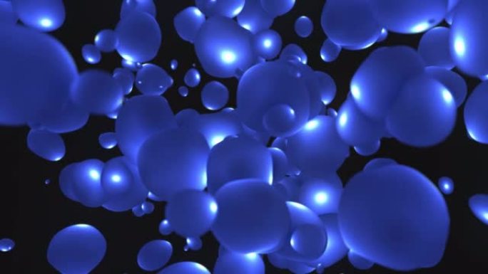 抽象背景与明亮的蓝色飞行液体气泡发光能量魔术圈和球下降在高分辨率4k动画运动设计