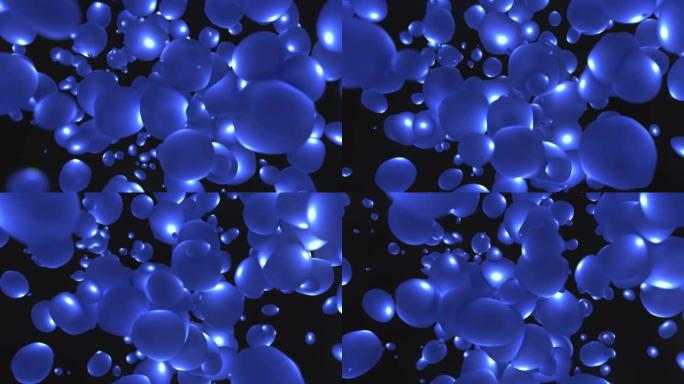 抽象背景与明亮的蓝色飞行液体气泡发光能量魔术圈和球下降在高分辨率4k动画运动设计