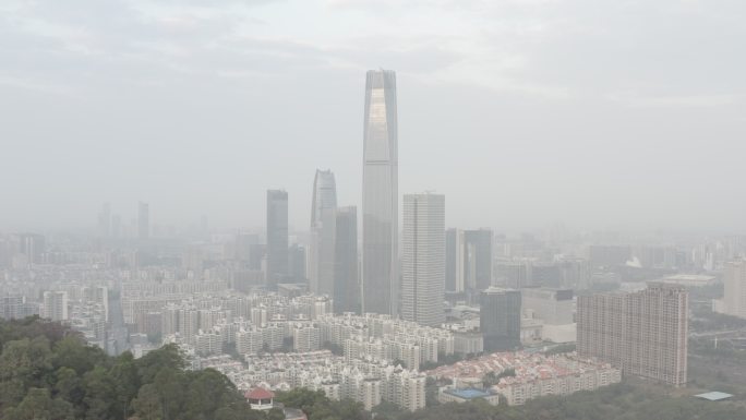 广东省东莞清晨航拍旗峰山国贸地标