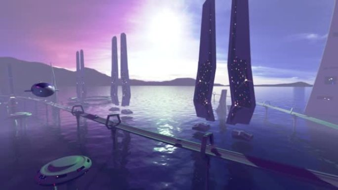 外星人星球上的幻想城市动画，太空船经过