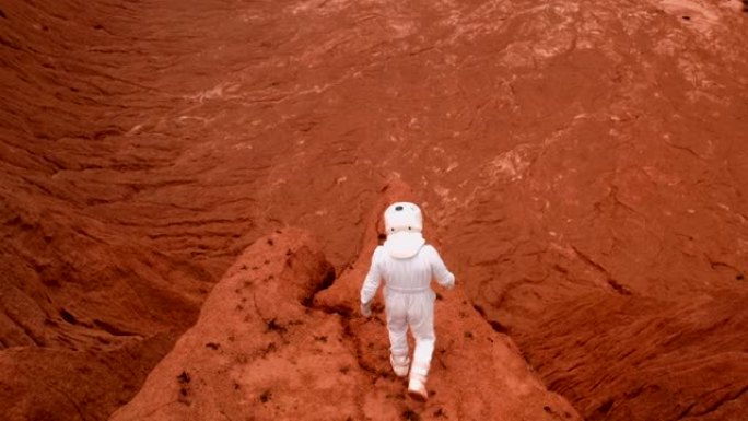一个快乐的宇航员接近火山口的边缘，高兴地跳起来