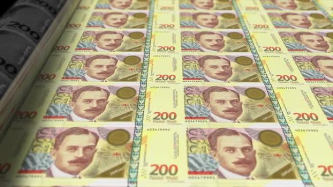 安哥拉，格鲁吉亚拉里印刷机打印出当前200拉里钞票，无缝循环，格鲁吉亚货币背景，4K，聚焦深度Smo