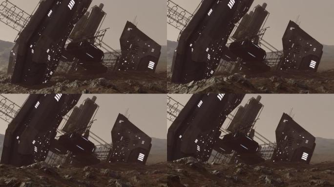 火星表面坠毁的外星太空船细节动画
