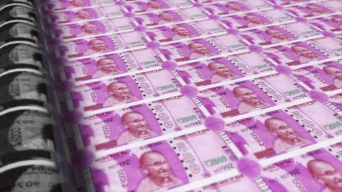 印度，印度卢比印刷机打印出当前2000卢比钞票，无缝循环，印度货币背景，4K，聚焦深度Smoot和尼