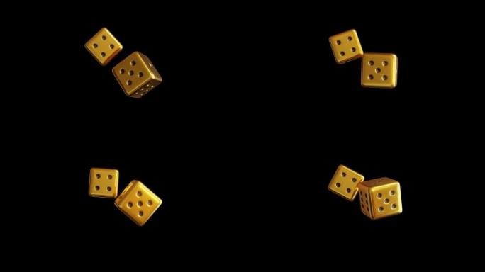 金色发光骰子在空中滚动，掷骰子赌场概念
