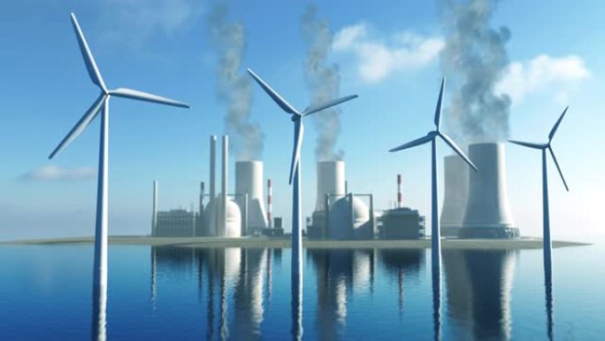 风力涡轮机和核电站的动画