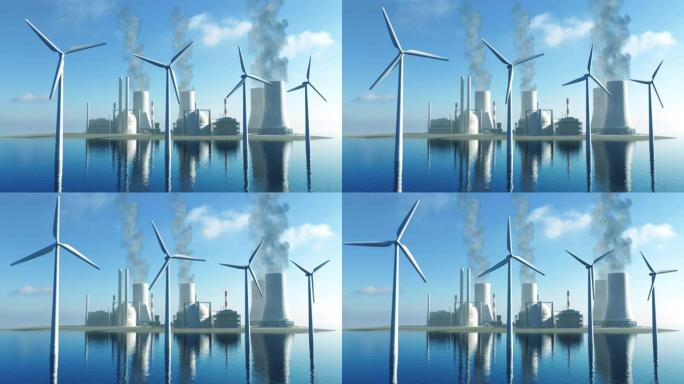 风力涡轮机和核电站的动画