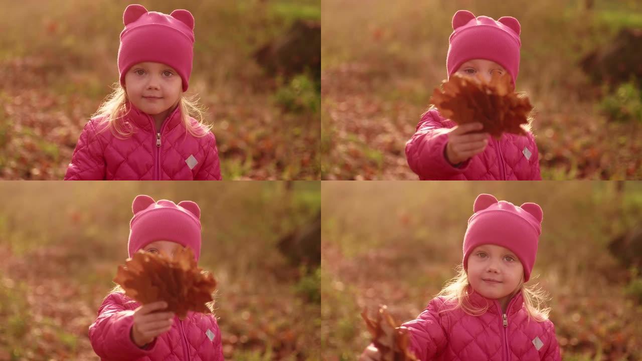 可爱的小女孩肖像，展示棕色落叶。粉色套装