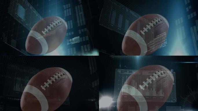 黑色背景上的美式橄榄球球在数据处理上的动画