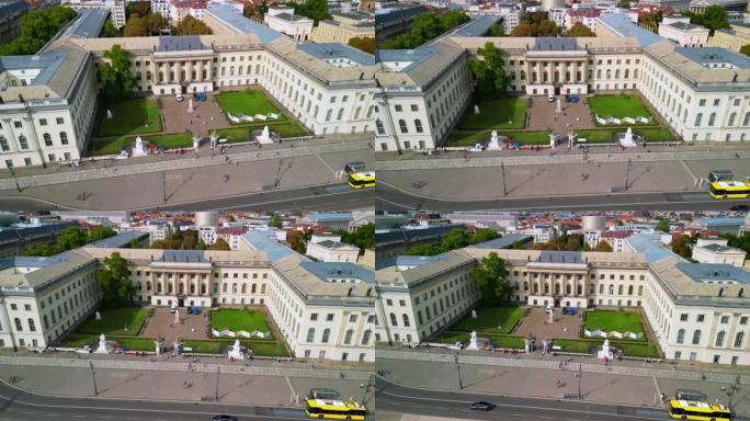 华丽的鸟瞰图飞行全景轨道无人机
夏季2022日，德国柏林林登下的马克斯·普朗克洪堡大学纪念碑。4k 