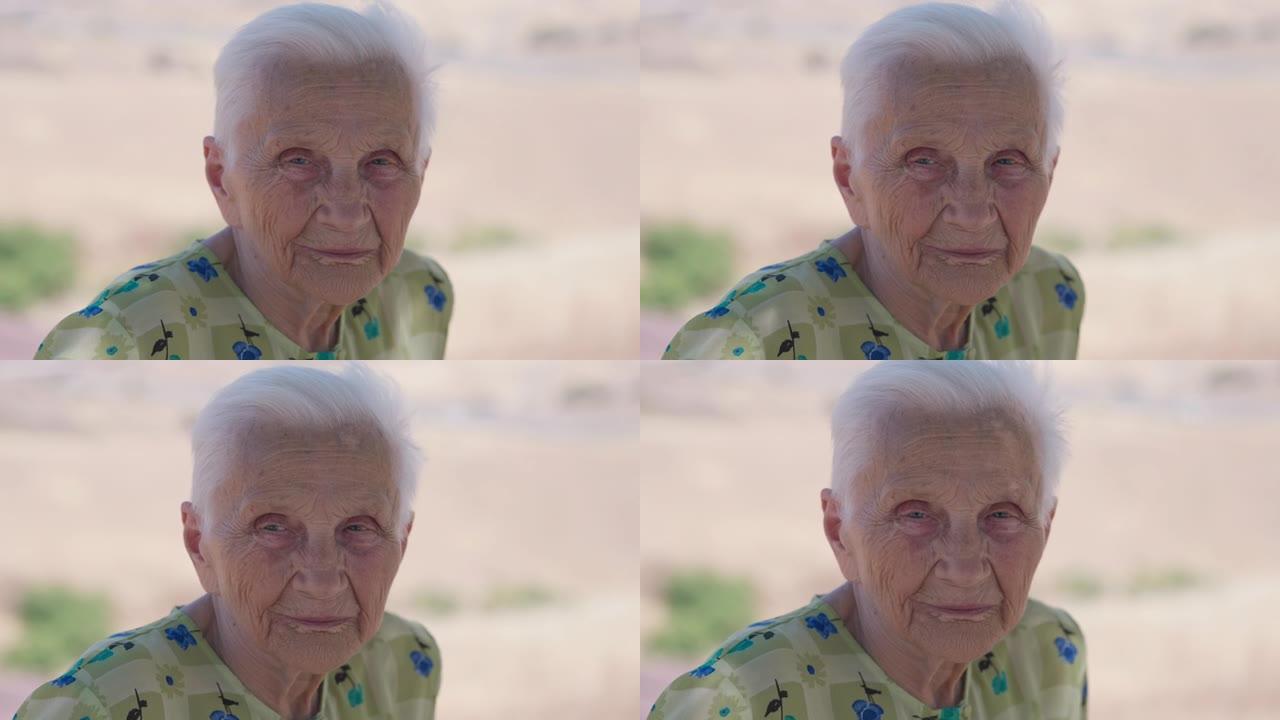 满脸皱纹的白人老妇用灰色的眼睛看着相机的头像。灰发退休人员在阳光明媚的夏日度假时在户外摆姿势。旅游和