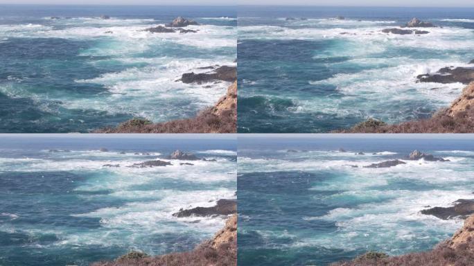 悬崖的岩石峭壁，海洋海滩，波波斯角，加利福尼亚海岸。海浪轰鸣。