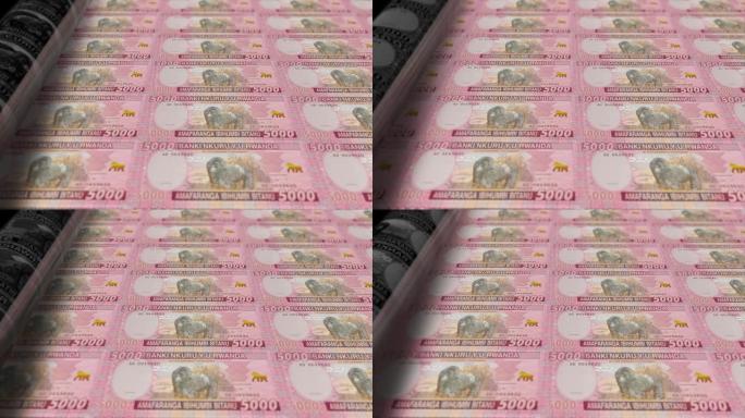 卢旺达，卢旺达法郎印刷机打印出当前5000法郎钞票，无缝循环，卢旺达货币背景，4K，聚焦深度Smoo