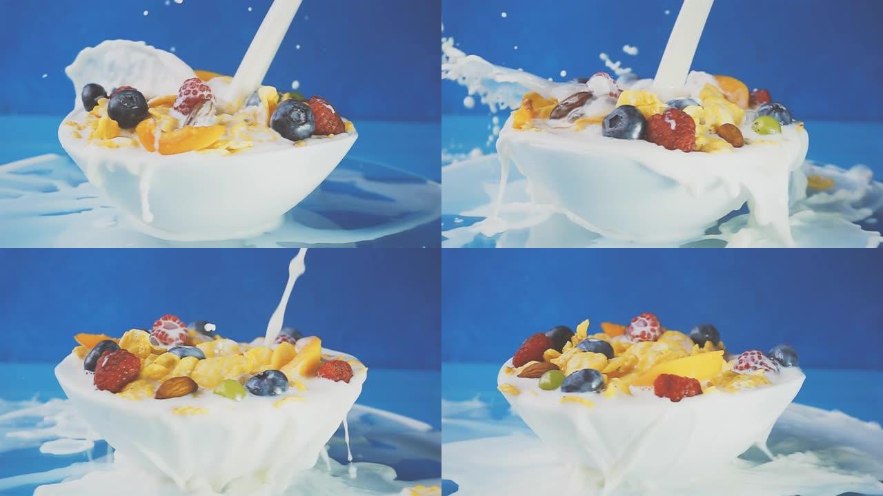 牛奶倒入黄色的玉米片中，配以各种新鲜的蓝莓，覆盆子，葡萄和杏仁，放在浅蓝色背景上的白色旋转盘子中。4