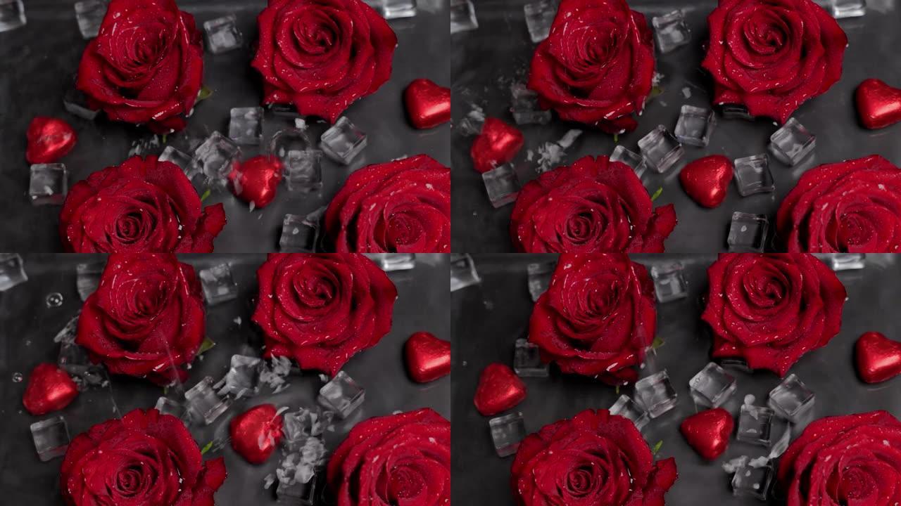 水中的红玫瑰，心在冰片之间。水滴落下。黑色背景。情人节