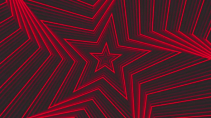红色自旋五角星简单平几何上的深灰色黑色背景循环。星光灿烂的旋转电波无尽的创意动画。旋转星星无缝运动图
