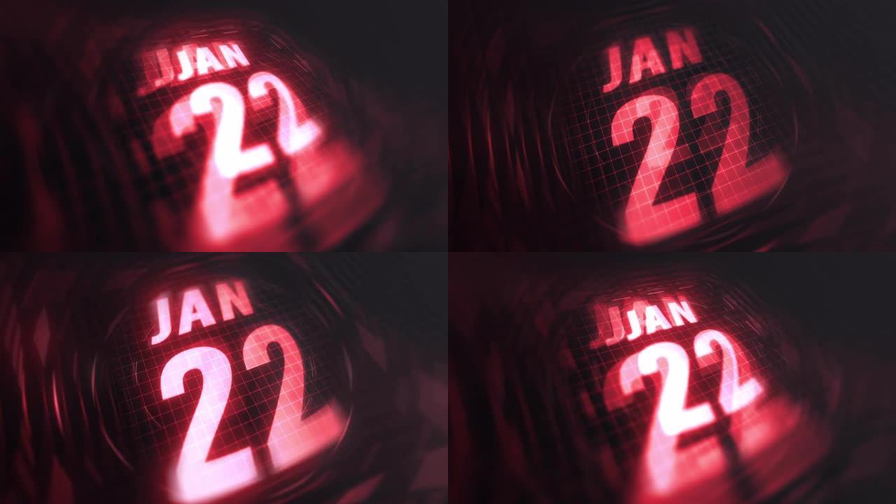 3d运动图形中的1月22日。未来的红外日历和科技发光霓虹灯拍摄，发光二极管纪念等。4k in循环