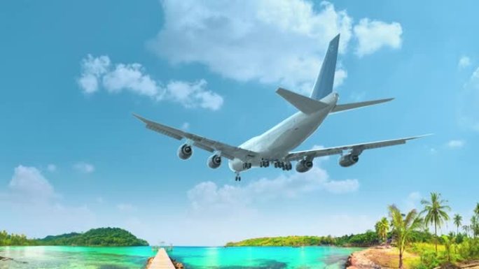客机飞行和降落热带，海滩，假日。飞机概念
