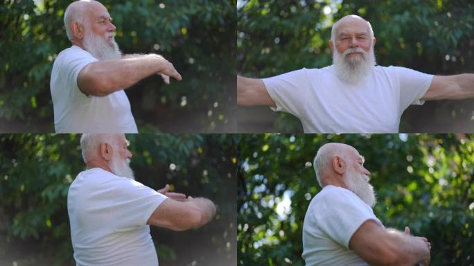 侧视图激励着留着长胡子的老白发退休人员在慢动作转弯身体中锻炼。受启发的高加索高级男子在阳光下户外锻炼