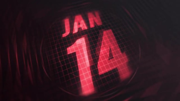 3d运动图形中的1月14日。未来的红外日历和科技发光霓虹灯拍摄，发光二极管纪念等。4k in循环