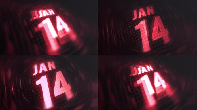 3d运动图形中的1月14日。未来的红外日历和科技发光霓虹灯拍摄，发光二极管纪念等。4k in循环