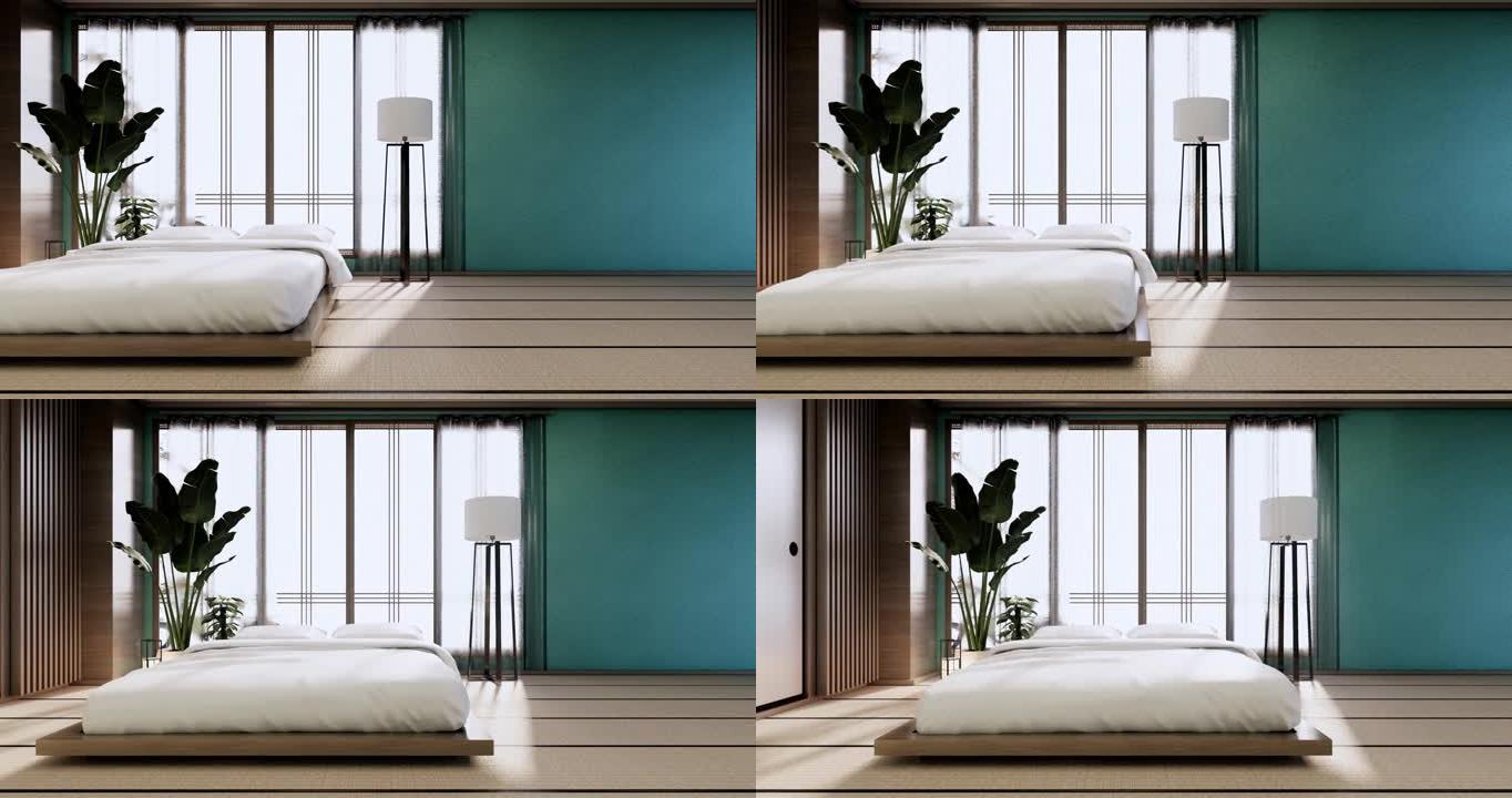 日本薄荷卧室的室内模型与禅床植物和装饰。3D渲染。