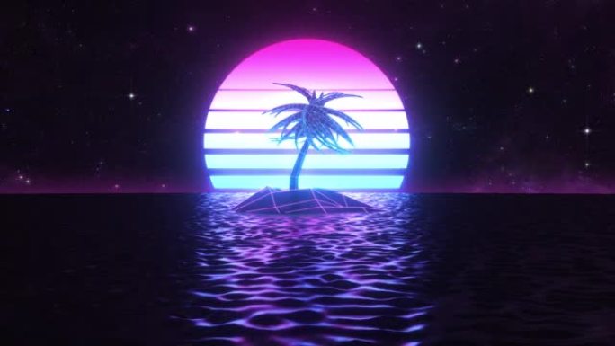 具有棕榈树环全景景观运动背景的Synthwave网络海岛