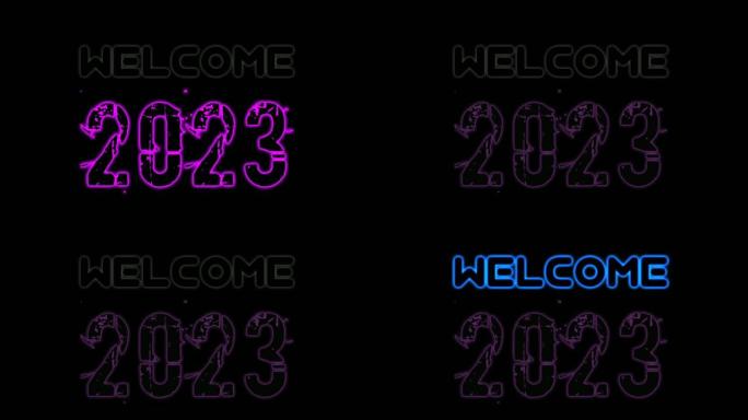 黑色背景上的快乐新2023年文字霓虹动画视频
